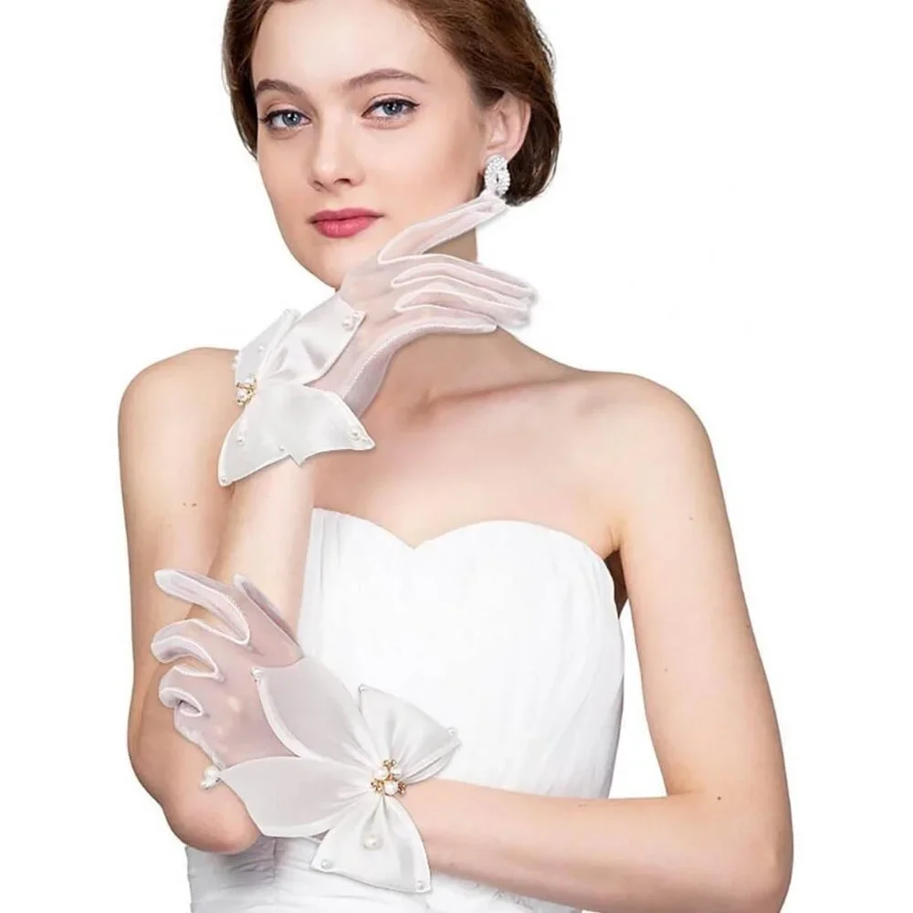 Women's Pearl Bow White Sheer Gloves Bridal Wedding Party Prom Accessory